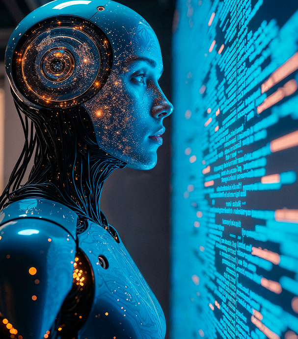 AI robot gazing at code