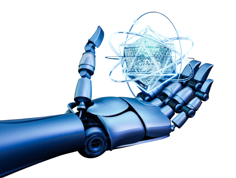 Robotic hand holding wireframe icosahedron